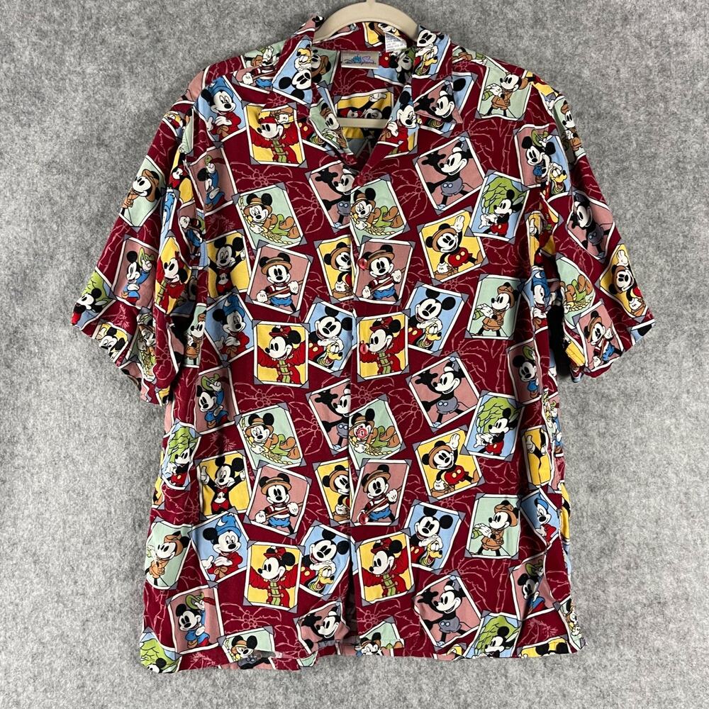 Vintage Disney Mickey Hawaiian Shirt Mens Medium Button Up Rayon Tropical